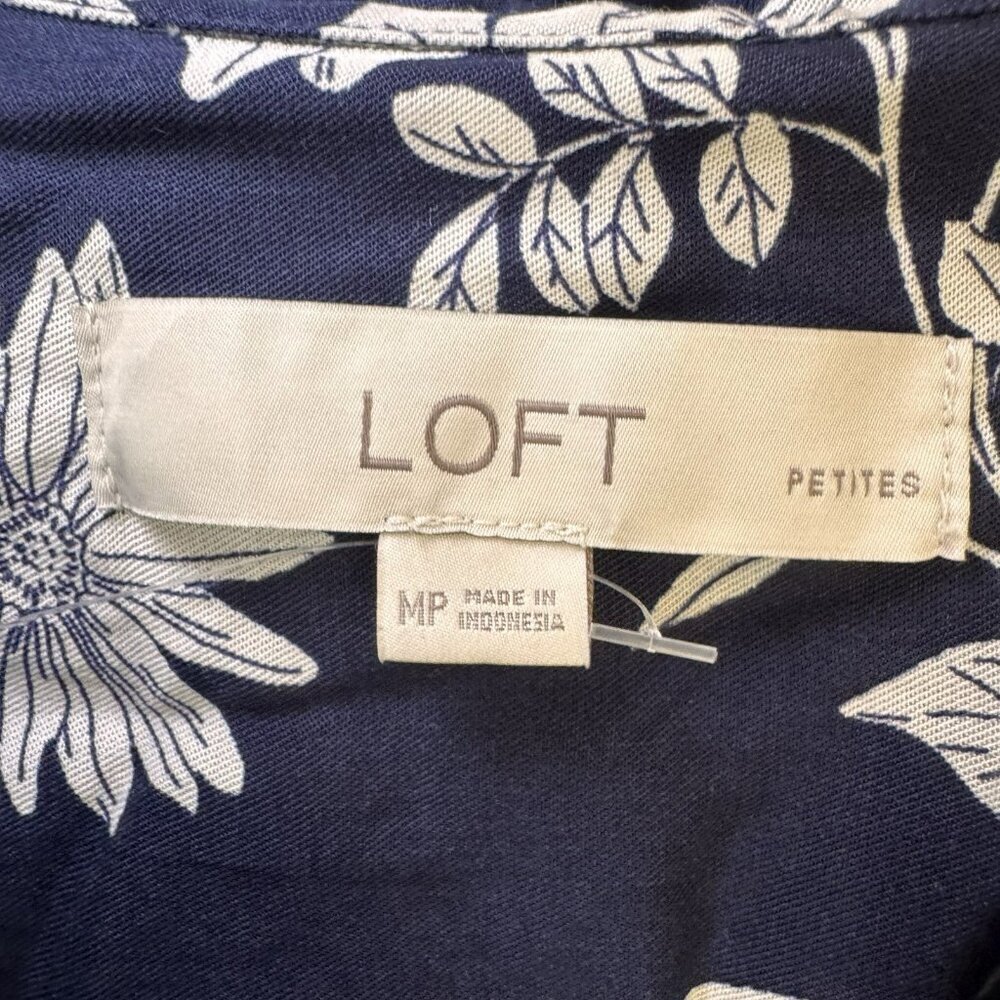 LOFT Womens Size MP Blue Floral Easy Print Split Neck Blouse Lyocell - Picture 7 of 10